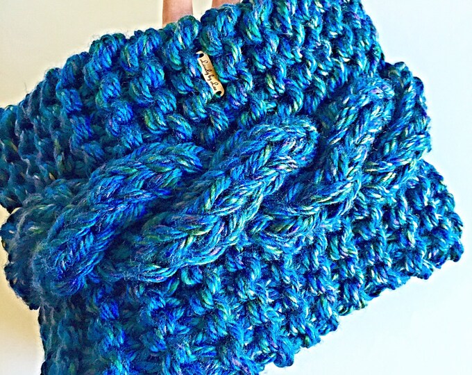 SALE! Peacock Blue Chunky Cable Knit Cowl Scarf, Oversize Winter Cowl in Blue, Purple, Green and Gold