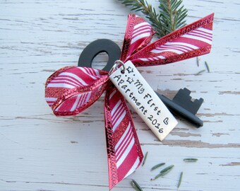 My First Apartment 2016 skeleton key ornament - housewarming gift - hand stamped - stars - heart - peppermint candy cane - rustic holiday