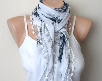 white gray scarf floral print scarf yemeni scarf oya scarf shawls wedding accessories gift for her fashion scarf