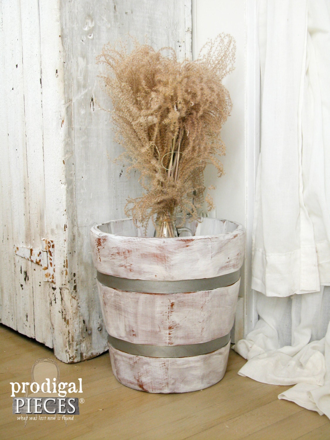 RESERVED Vintage Wooden Bucket Planter with Banded Sides