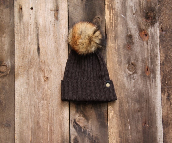 pom fur beanie pom double wool Recycled  pom Merino fur fox ribbed  pom  Brown beanie