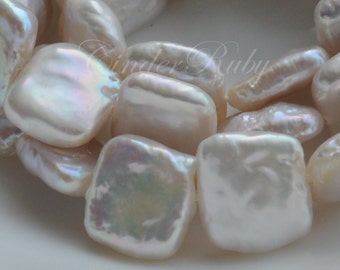 12-13 mm Square Freshwater Pearls,White Square Nucleated Baroque Pearls, Full Strand 14.5"