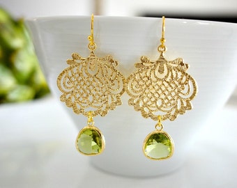 Apple Green Glass Gold Filigree Chandelier Earrings. Green Gold Lace Moroccan Earrings. Green Gold Wedding. Gold Scroll Filigree Earrings