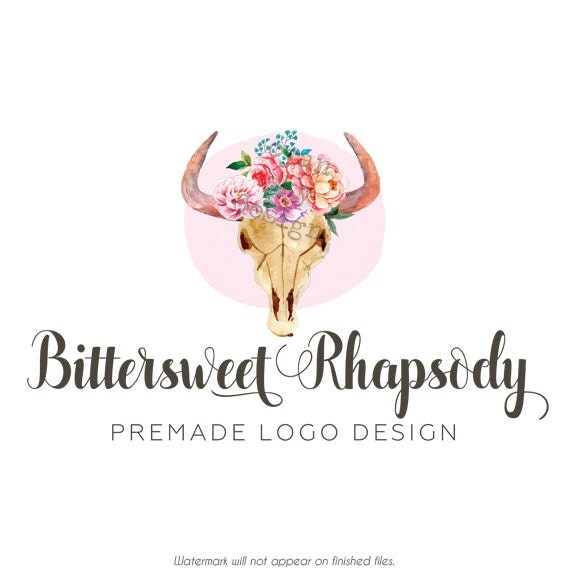 Boho Cow Skull Logo & Watermark Premade Design by CyanSkyDesign