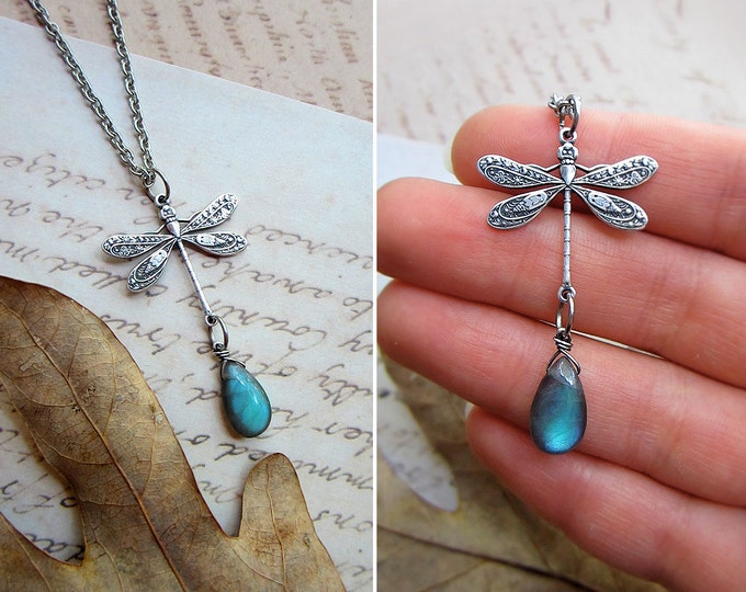 Lovely dainty necklace "Summer" with sterling silver dragonfly pendant paired with blue Labradorite. Custom length stainless steel chain.