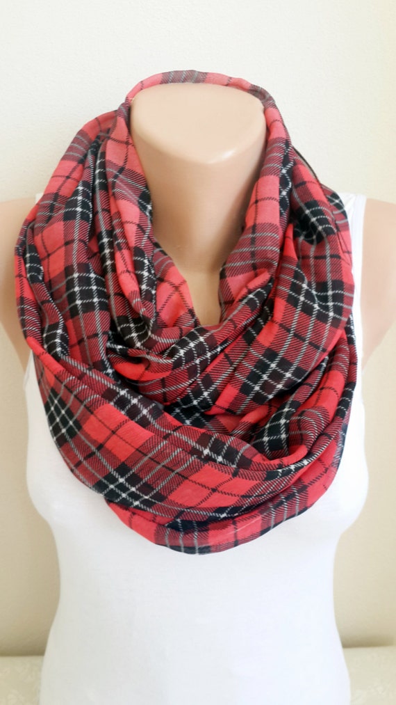 Plaid Red infinity Scarf Lightweight Soft Circle Scarf