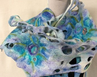 Felted scarf, blue . Shawl, felt, wool, silk. Handmade womens scarf.
