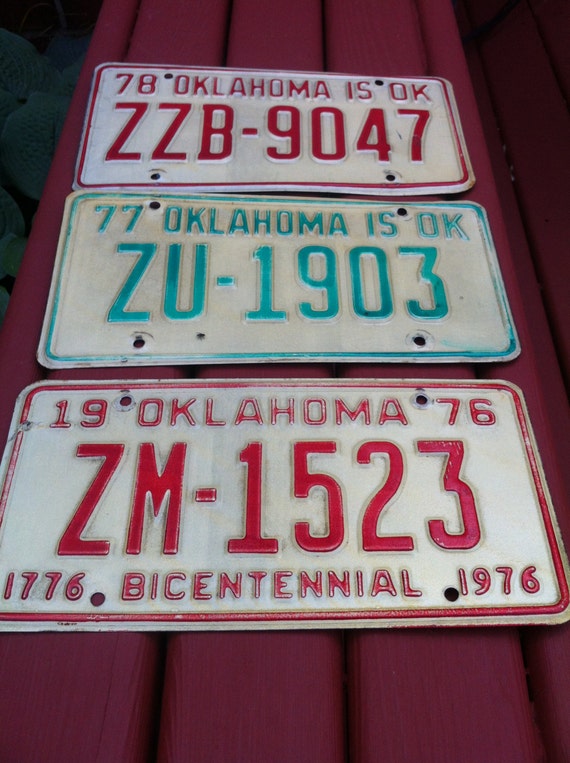 Three Oklahoma License Plates With Sequence Years 1976 1977