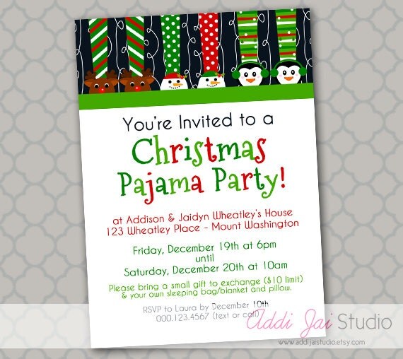 Christmas Pajama Party PRINTABLE invitation 5x7 by AddiJaiStudio