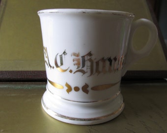 Antique SHAVING MUG Trimmed 24K Gold Signed T & V France Monogrammed C. A. C. Hanson and Trim Heavy Porcelain Household Bathroom Vintage