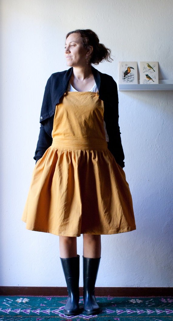 Overalls dress skirt whit maxi pocket mustard coton
