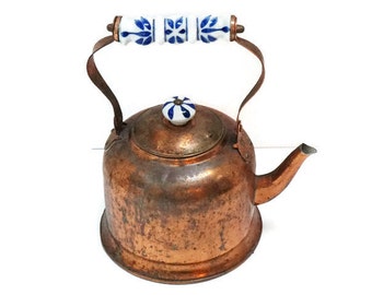 Vintage Benjamin & Medwin Copper Kettle with Blue and White Delft Porcelain