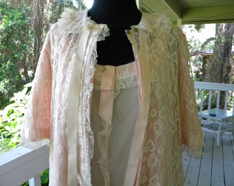 Vintage Odette Barsa Saks Fifth Avenue Pink Lace Peignoir Robe Gown Set