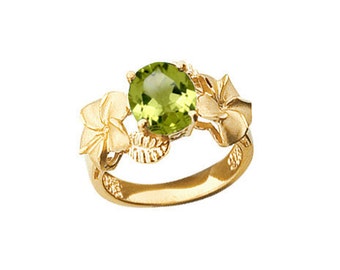 14K Yellow Gold Peridot Plumeria Ring, Peridot Ring, Plumeria Ring, Peridot Jewelry, Plumeria Jewelry, Floral Jewelry, Floral, Peridot