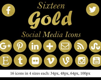 Gold Social Media Icons - 16 Icons in 4 sizes each- Round Gold Foil Icons