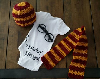 Harry Potter photo prop set. Including onesie, glasses, hat, and scarf. Gryffindor costume. Hogwarts wizard muggle