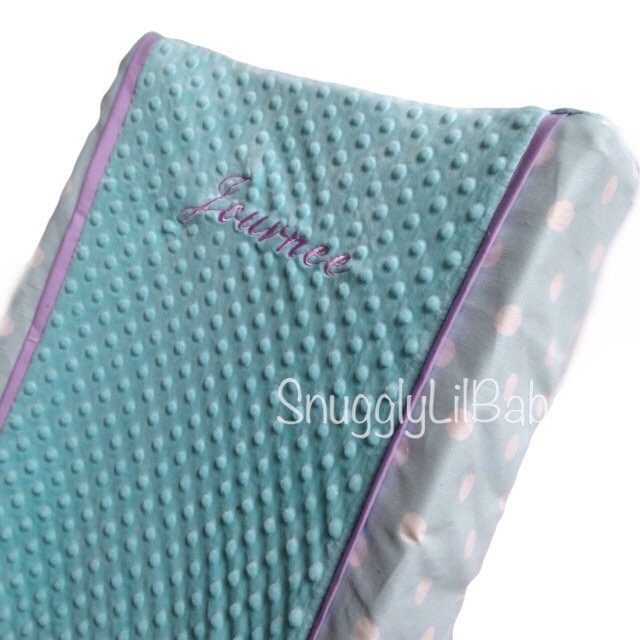 Aqua dot lavender changing pad cover with aqua polka dots