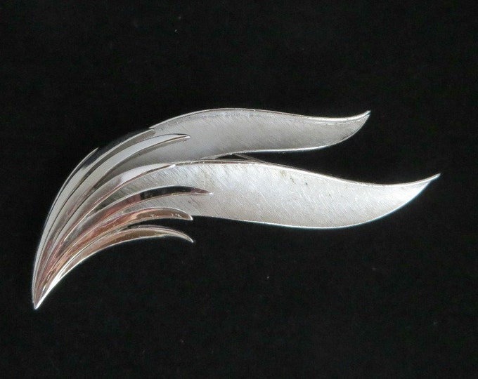 Trifari Leaf Brooch, Vintage Silver Tone Curved Leaf Matte Finish Signed Trifari Pin