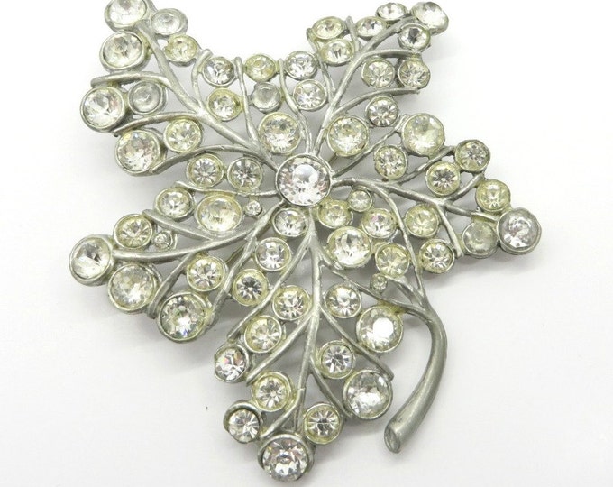 Rhinestone Large Leaf Brooch, Vintage Silver Tone Rhinestone Leaf Pin
