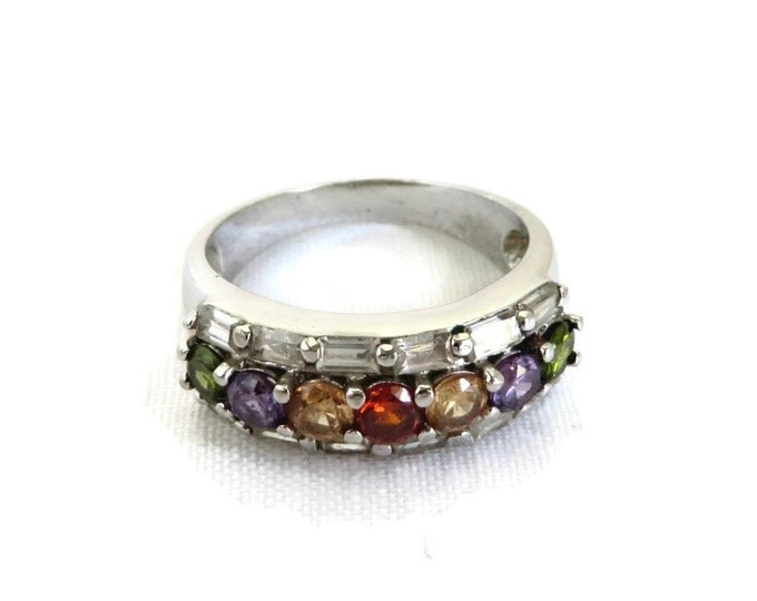 Silver Ring, Sterling Silver Multistone CZ Ring, Vintage Multicolor Wide Band Ring, Mother's Ring, Gift for Her, Size 7