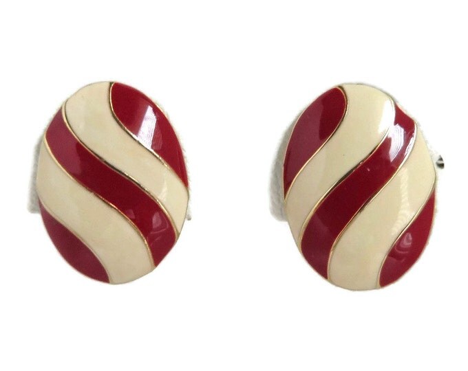 Napier Striped Earrings, Vintage Cream and Red Earrings, Oval Clip-on Earrings