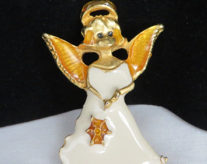 Vintage Angel Brooch, Christmas Pin, Cream Enamel, Gold Tone Angel Jewelry