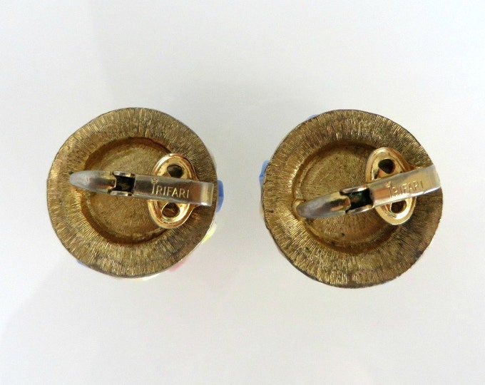 Trifari Pastel Button Earrings, Cream Pink Blue Brown Yellow Glass Vintage Clip-on Earrings, Birthday Gift, Christmas Gift