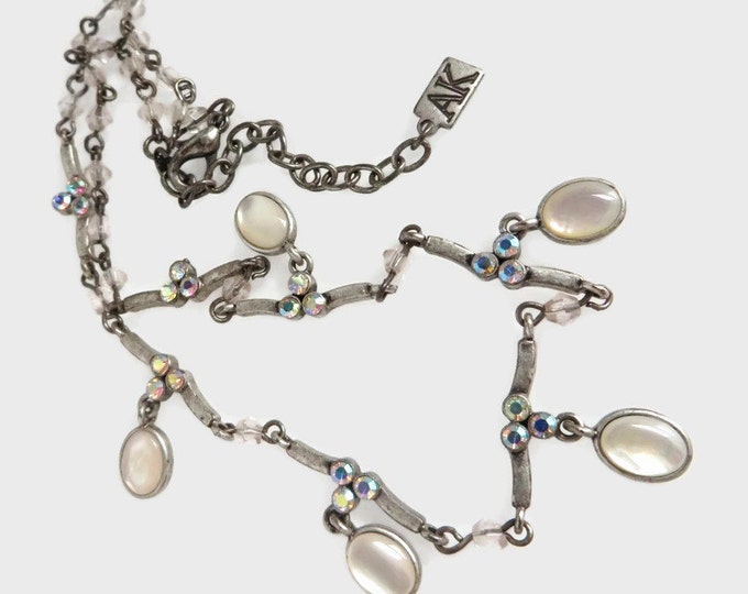 Anne Klein Necklace, Vintage Faux Opal, Rhinestone Necklace, 16" Length, Gift for Her