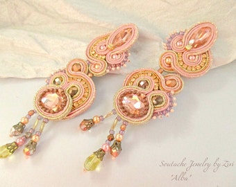 Statement Long Stud Sparkly Soutache Earring, Peach Blush Pink Gold Copper Earring, Soutache Earring Blush Pink Rose Gold Crystal Bridesmaid