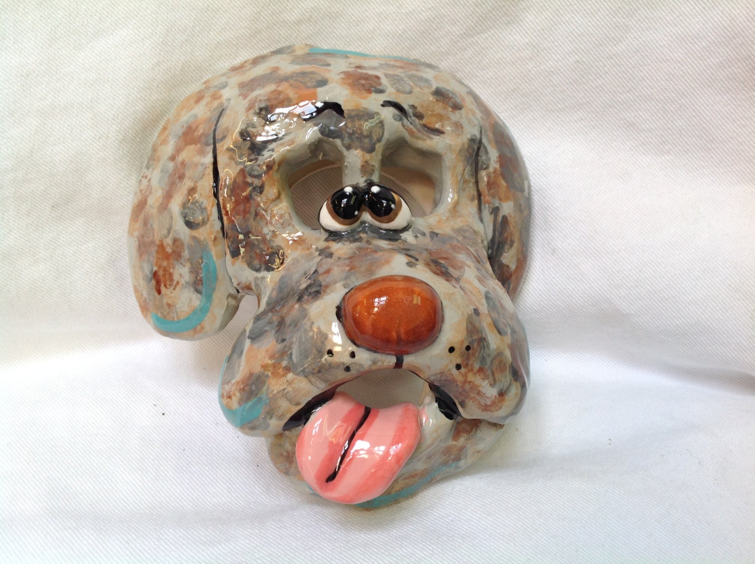 Hand Painted Ceramic Dog Face / Dog head sculpture / Whimsical