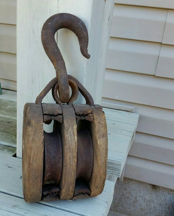 Antique Double Wood & Iron Pulley Rustic Farmhouse Decor