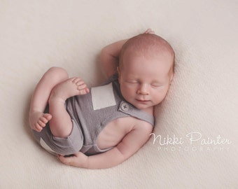 Newborn Boy Romper- "Ayden" grey and cream newborn romper. Newborn photo prop, overalls, baby boy, baby outfit
