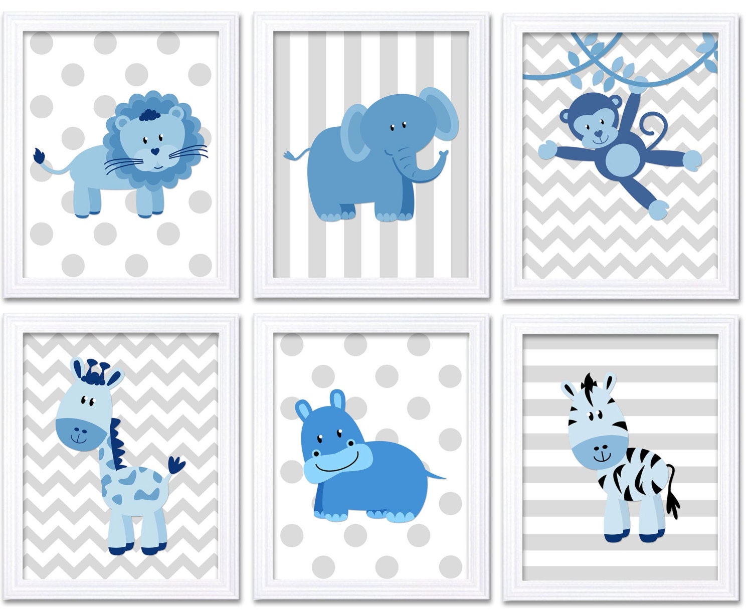 Blue Grey Africa Animals Jungle Nursery Art Set of 6 Prints Baby Wall Art Decor Kid Child Bedroom El