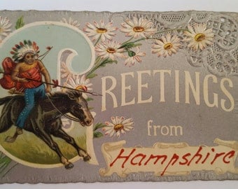 Antique 1909 American Indian postcard, 1 cent stamp, Greetings from Hampshire, embossed diecut
