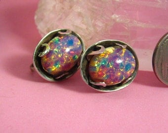 Vintage Jewelry Mexican Sterling Silver Colorful Pink Opal Dragon's Breath Earrings Screw On