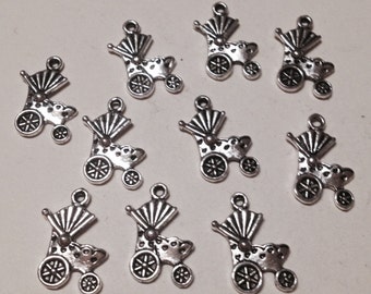 10 charms baby carriage. Hypoallergenic metal silver-plated. 20 mm.
