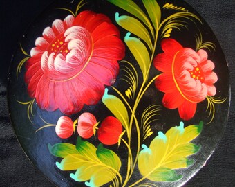 Vintage Painted Folkloric Wooden Box, Black Wood Box With Floral Decor