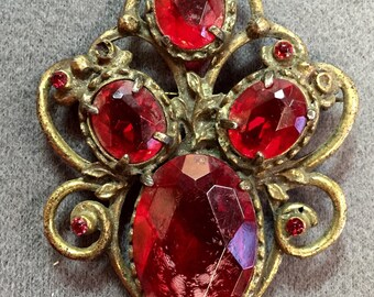 Big Older Red Rhinestone Brooch- as is. Free shipping