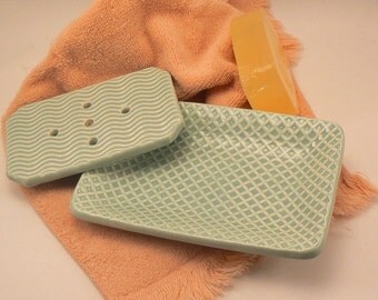Ceramic Soap Dish in Celedon with Diamond Pattern Handmade