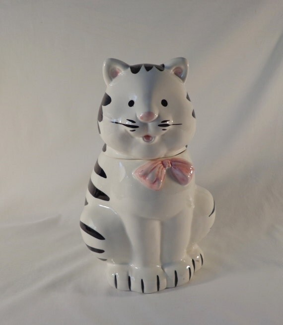 COOKIE JAR Vintage Black and White Striped Cat with Pink