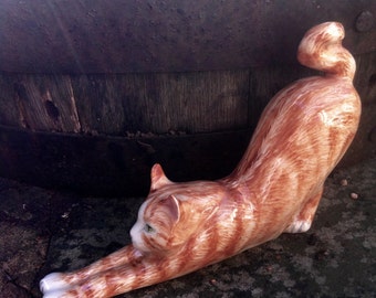 Cat figurine, stretching cat Frisky, cat sculpture, hand-painted cat by Clare McFarlane