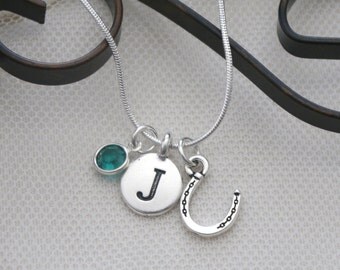 Horseshoe Necklace, Personalized Horse Shoe Necklace, Horse Shoe Jewelry Gifts, Letter Birthstone, Silver Horse Shoe Necklace, Horse Shoe