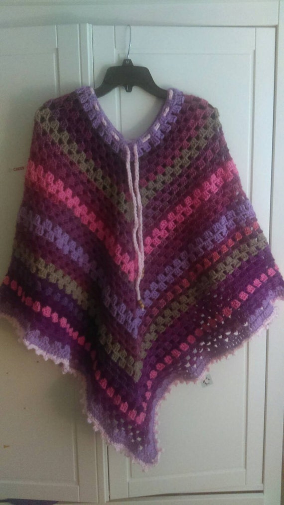 Handmade crochet multicolored poncho with Picot border