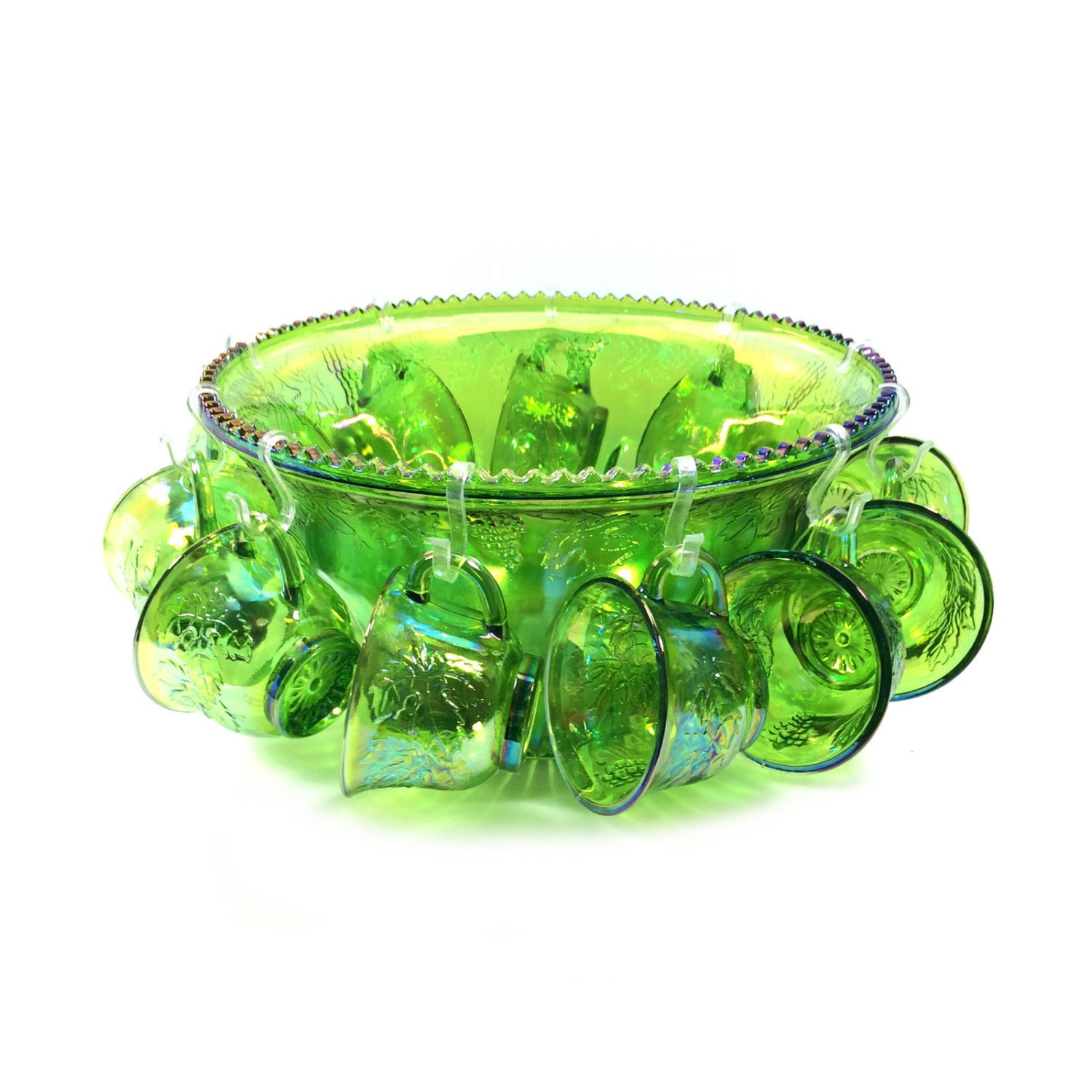 Vintage Green Carnival Glass Princess Punch Bowl 0836