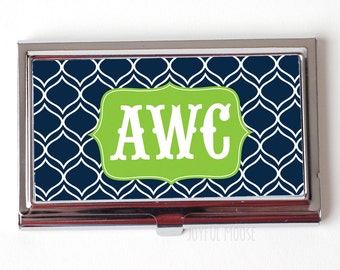 Elegant Monogram Business Card Case - Monogram Business Card Holder - Monogram Business Card Case - navy lime green