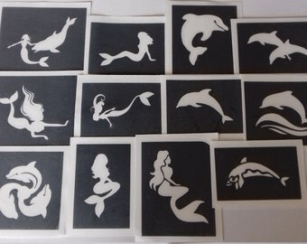 Dolphin & Mermaid stencils for glitter tattoos / airbrush tattoos / face painting / many other uses! girls Ariel