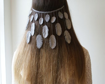 bohemian wedding veil - silver bridal veil with feathers - boho veil hair accessory - alternative wedding hair accessory
