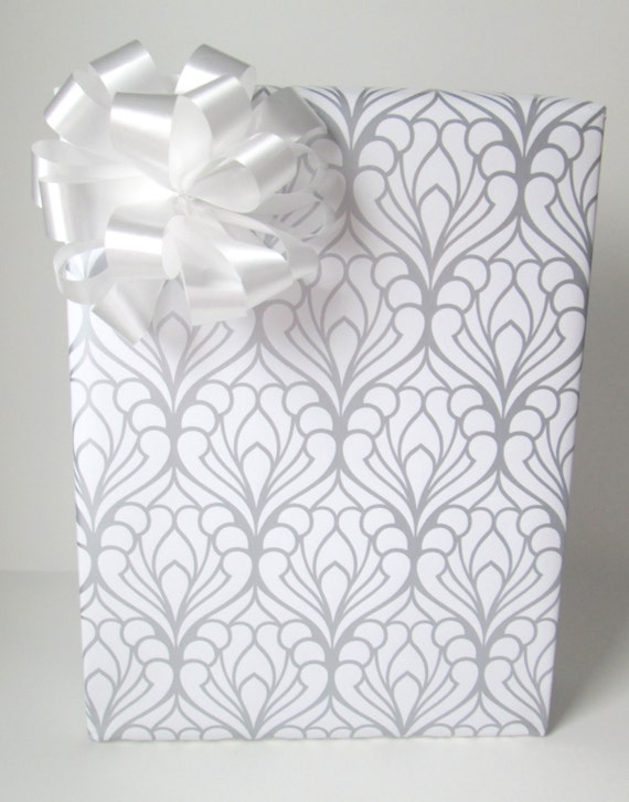 Art Deco Damask Wedding Wrapping Paper in Silver and White 10