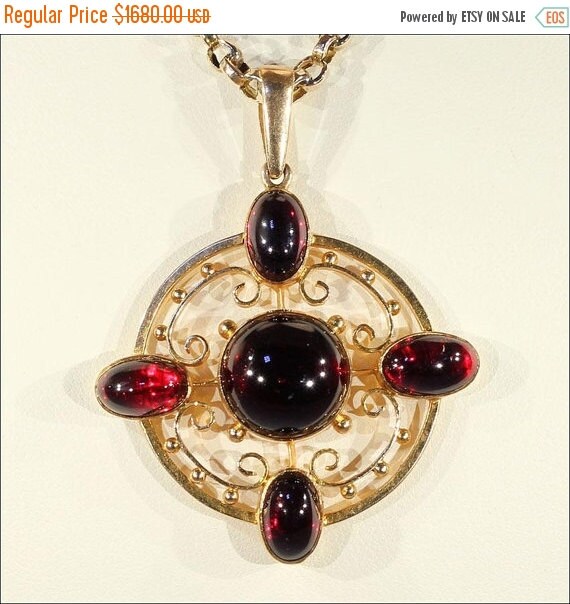SALE Antique Garnet and Gold Pendant Necklace by VictoriaSterling