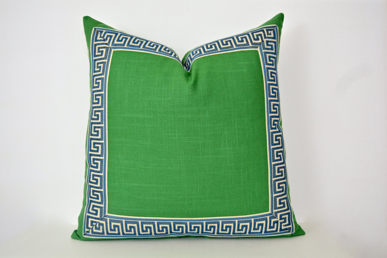 Green Pillow Cover with Greek Key Trim Kelly Green Linen